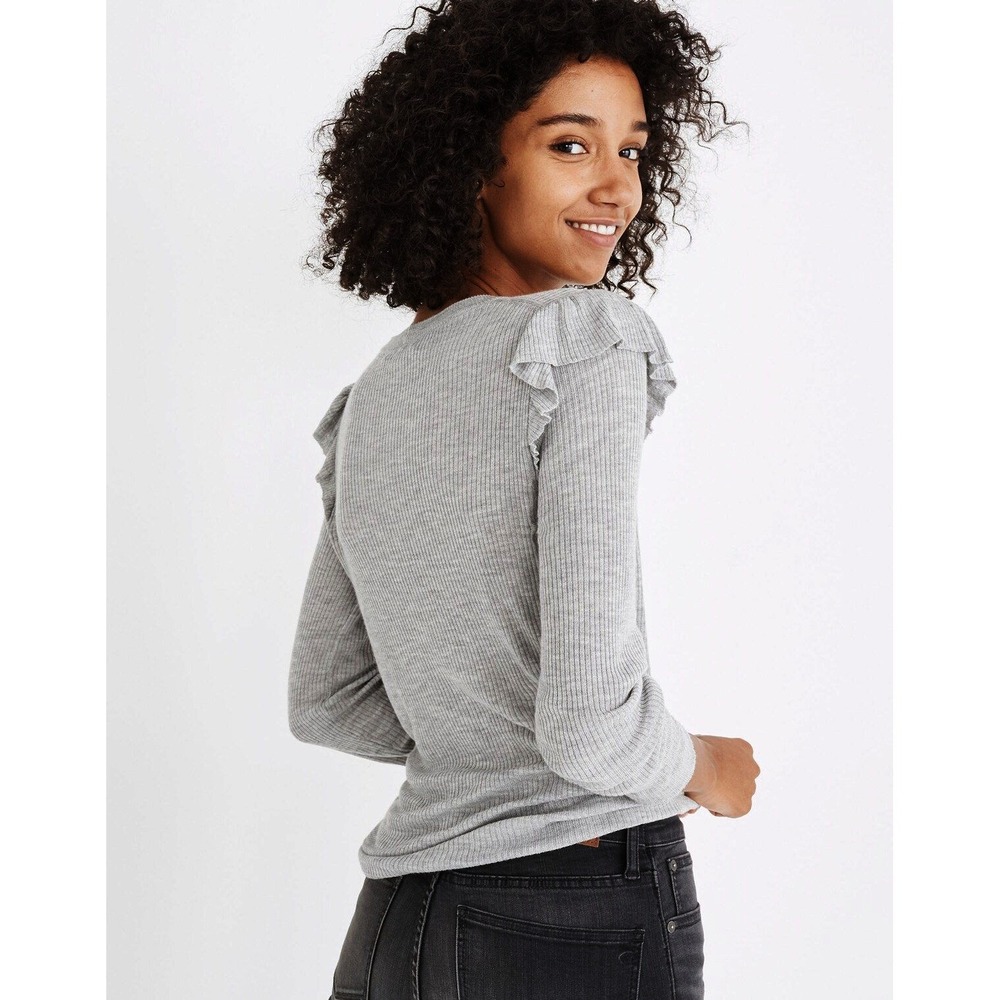 Madewell Ribbed Knit Ruffle Shoulder Long Sleeve Sweater Top Grey Small Capsuel